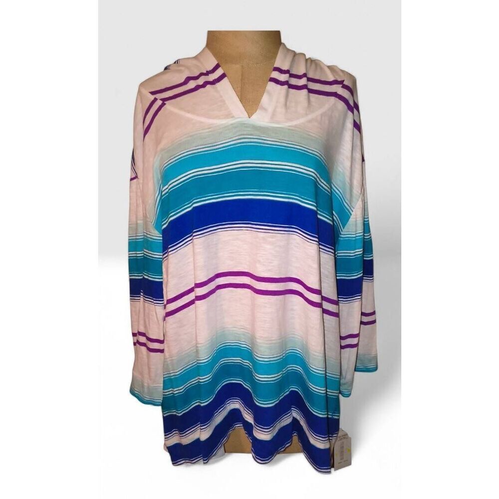 Striped hooded tunic top swimsuit cover up Calvin Klein Performance NWT Size med
